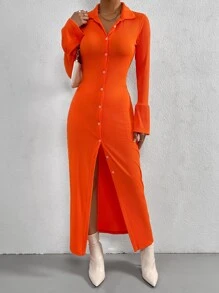 SHEIN Privé 素色前紐扣連衣裙 - 橘色 - 查看 1