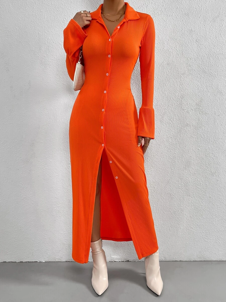 SHEIN Privé 素色前紐扣連衣裙 - 橘色 - 查看 1