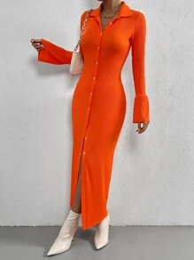 SHEIN Privé 素色前紐扣連衣裙 - 橘色 - 查看 5