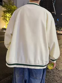 Claim Dot Loose Fit Men's Long Sleeve Letter Graphic Striped Trim Drop Shoulder Corduroy Varsity Jacket , Fall Winter