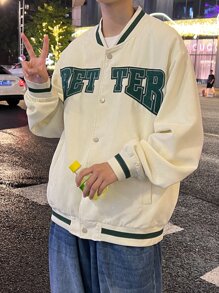 Claim Dot Loose Fit Men's Long Sleeve Letter Graphic Striped Trim Drop Shoulder Corduroy Varsity Jacket , Fall Winter