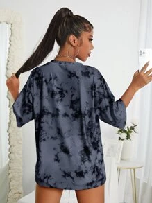 SHEIN EZwear Áo thun nữ Lá thư Cà vạt nhuộm Giải trí - Xám - Xem 2