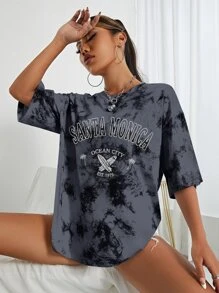SHEIN EZwear Áo thun nữ Lá thư Cà vạt nhuộm Giải trí - Xám - Xem 3