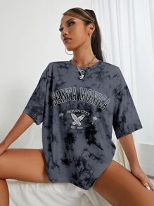 SHEIN EZwear Áo thun nữ Lá thư Cà vạt nhuộm Giải trí - Xám - Xem 4