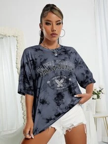 SHEIN EZwear Áo thun nữ Lá thư Cà vạt nhuộm Giải trí - Xám - Xem 5