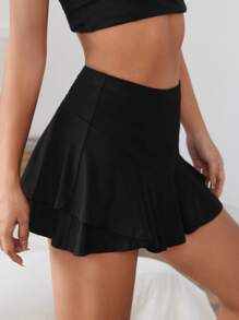 SHEIN PETITE Falda negra lisa con dobladillo de volantes - Negro - Ver 5