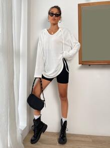 SHEIN Essnce Drop Shoulder Curved Hem Drawstring Hoodie - White - View 6