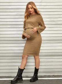 SHEIN Maternity Drop Shoulder Ribbed Knit Top & Skirt Set - Khaki - View 3