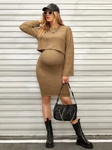SHEIN Maternity Drop Shoulder Ribbed Knit Top & Skirt Set - Khaki - View 4