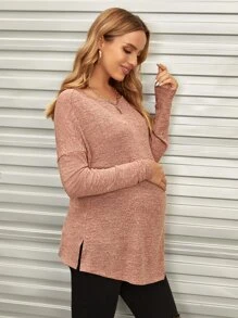 SHEIN Áo thun Bà bầu Chia màu trơn Giải trí - Gỗ đỏ - Xem 1