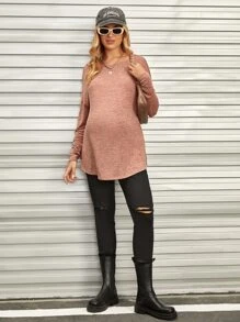 SHEIN Áo thun Bà bầu Chia màu trơn Giải trí - Gỗ đỏ - Xem 5