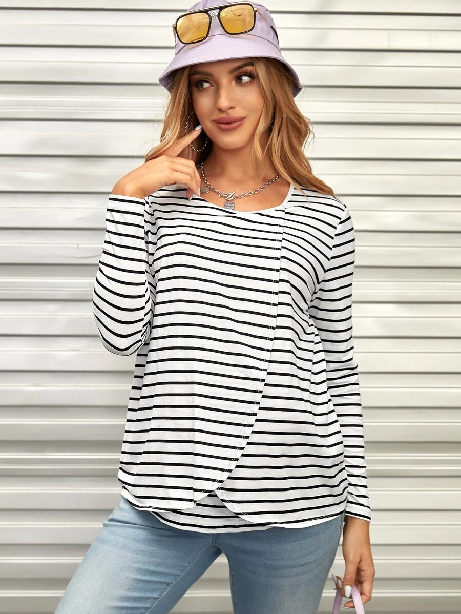 SHEIN Maternity Striped Print Asymmetric Hem Tee - White - View 1