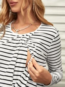 SHEIN Maternity Striped Print Asymmetric Hem Tee - White - View 2