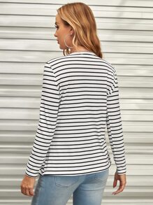 SHEIN Maternity Striped Print Asymmetric Hem Tee - White - View 3