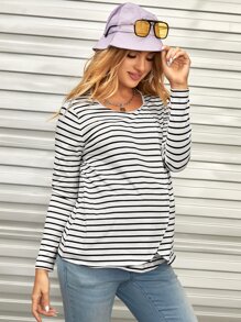 SHEIN Maternity Striped Print Asymmetric Hem Tee - White - View 5