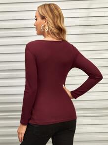 SHEIN Maternidad Camiseta unicolor escote V - Burdeos - Ver 2