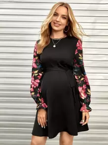 SHEIN Váy Bà bầu Thắt lưng Nút Xù Hoa Thanh lịch - màu đen - Xem 1