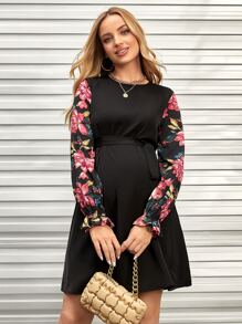 SHEIN Váy Bà bầu Thắt lưng Nút Xù Hoa Thanh lịch - màu đen - Xem 6