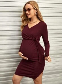 SHEIN Maternidad Vestido tejido de canalé con nudo lateral - Granate - Ver 1