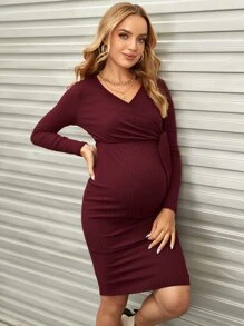 SHEIN Maternidad Vestido tejido de canalé con nudo lateral - Granate - Ver 4