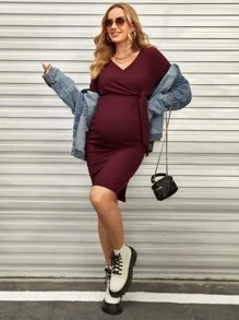 SHEIN Maternidad Vestido tejido de canalé con nudo lateral - Granate - Ver 5
