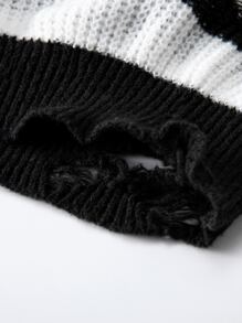 Manfinity Hypemode 男士條紋圖案破洞套頭毛衣 - 黑與白 - 查看 5