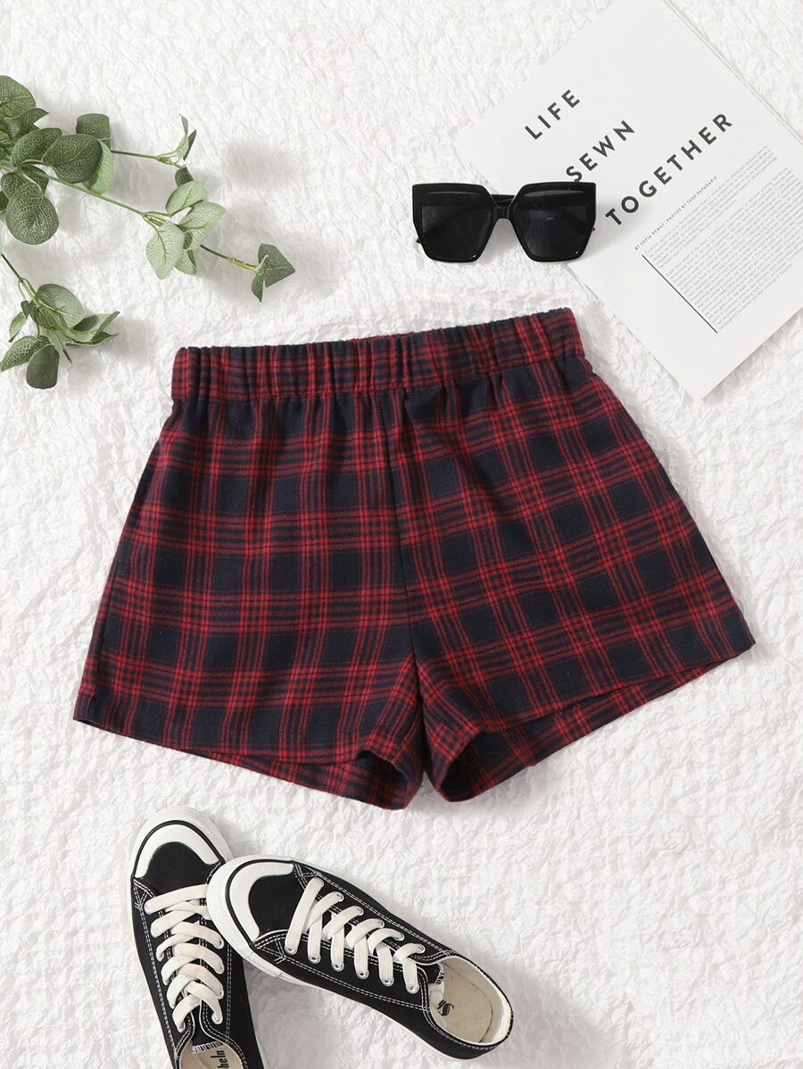 SHEIN EZwear 格紋寬腿短褲 - 紅色 - 查看 1