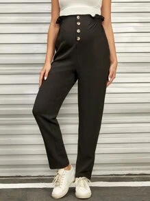SHEIN Maternity Paperbag Waist Button Front Trousers - Black - View 1