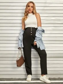 SHEIN Maternity Paperbag Waist Button Front Trousers - Black - View 4