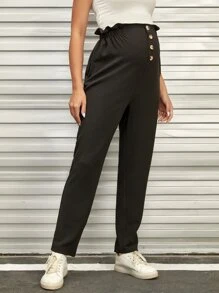 SHEIN Maternity Paperbag Waist Button Front Trousers - Black - View 5