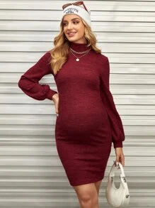 SHEIN Maternity Funnel Neck Lantern Sleeve Rib-knit Dress - Burgundy - View 2