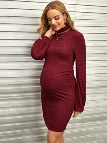 SHEIN Maternity Funnel Neck Lantern Sleeve Rib-knit Dress - Burgundy - View 4
