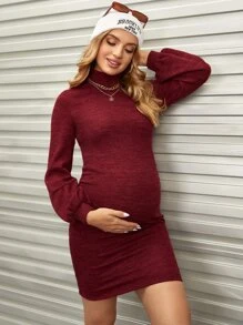 SHEIN Maternity Funnel Neck Lantern Sleeve Rib-knit Dress - Burgundy - View 1