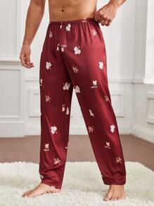 Men Maple Leaf & Letter Graphic Sleep Trousers - Burgundy - View 4