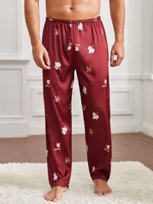 Men Maple Leaf & Letter Graphic Sleep Trousers - Burgundy - View 3