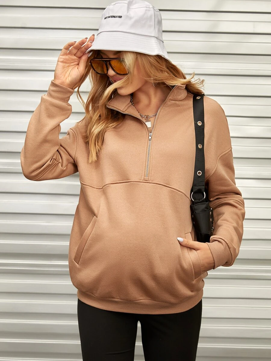 SHEIN Maternity Kangaroo Pocket Half Zip Drop Shoulder Sweatshirt - Khaki - View 1