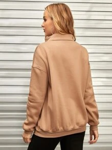 SHEIN Maternity Kangaroo Pocket Half Zip Drop Shoulder Sweatshirt - Khaki - View 2