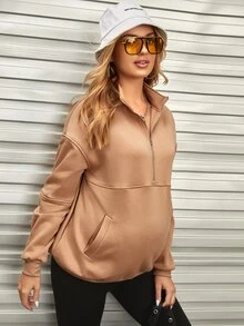SHEIN Maternity Kangaroo Pocket Half Zip Drop Shoulder Sweatshirt - Khaki - View 3