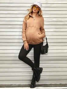 SHEIN Maternity Kangaroo Pocket Half Zip Drop Shoulder Sweatshirt - Khaki - View 4