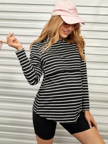 SHEIN Maternity Striped Print Drop Shoulder Nursing Pullover - Black - View 1
