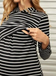 SHEIN Maternity Striped Print Drop Shoulder Nursing Pullover - Black - View 2