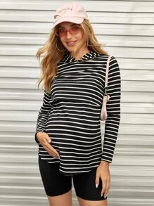 SHEIN Maternity Striped Print Drop Shoulder Nursing Pullover - Black - View 5