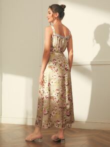 SHEIN 印花蕾絲細節胸部褶皺緞面吊帶睡裙