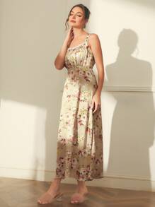 SHEIN 印花蕾絲細節胸部褶皺緞面吊帶睡裙