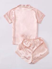 LuxeNights Plus Contrast Binding Satin Pyjama Set - Baby Pink - View 2