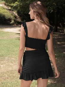 EURMUSE Falda cruzada unicolor con nudo lateral bajo con fruncido - Negro - Ver 5
