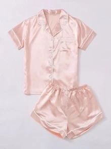 LuxeNights Plus Contrast Binding Satin Pyjama Set - Baby Pink - View 5
