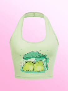 Beereckless Cartoon Frog Graphic Crop Halter Top - Mint Green - View 1
