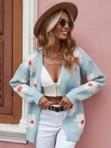SHEIN LUNE Nữ Cardigans Túi Hoa Giải trí - Màu xanh nhạt - Xem 1