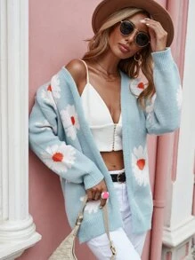 SHEIN LUNE Nữ Cardigans Túi Hoa Giải trí - Màu xanh nhạt - Xem 3